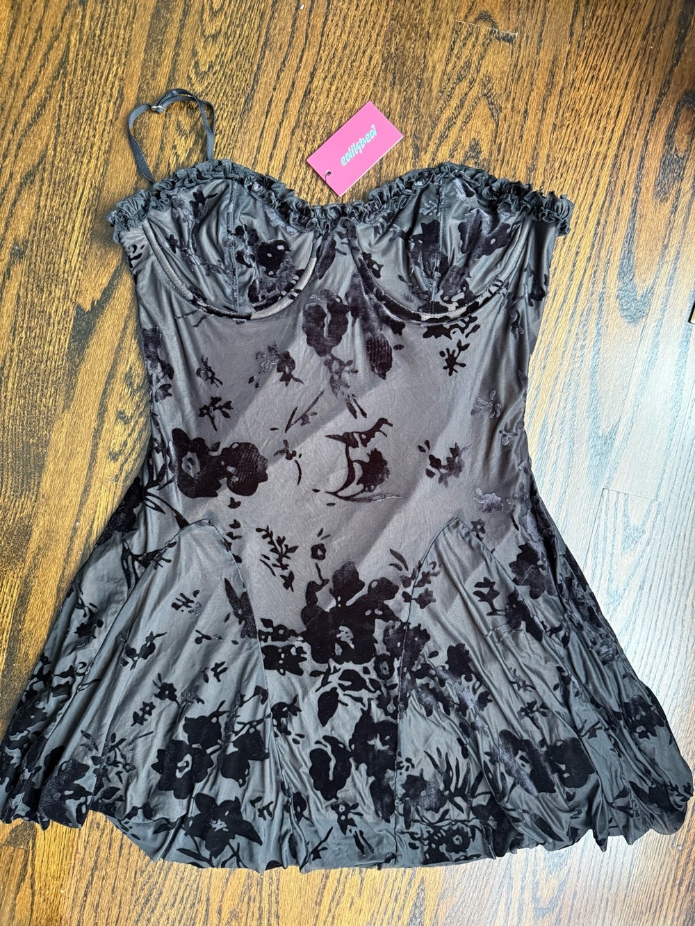 Edikted black velvet floral mini slip dress - Large